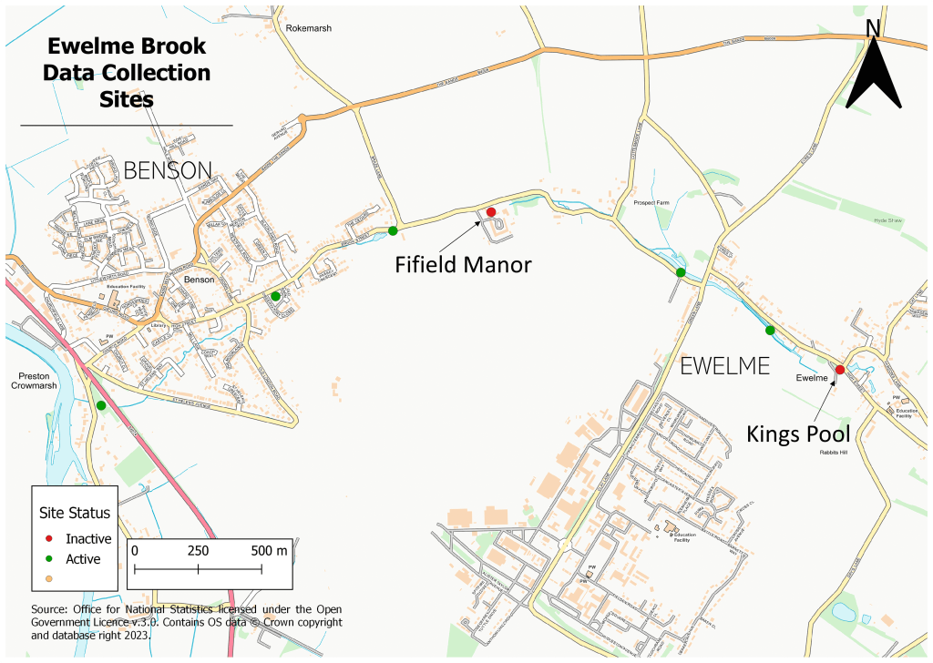 Map of Ewelme Brook Riverfly monitoring sites