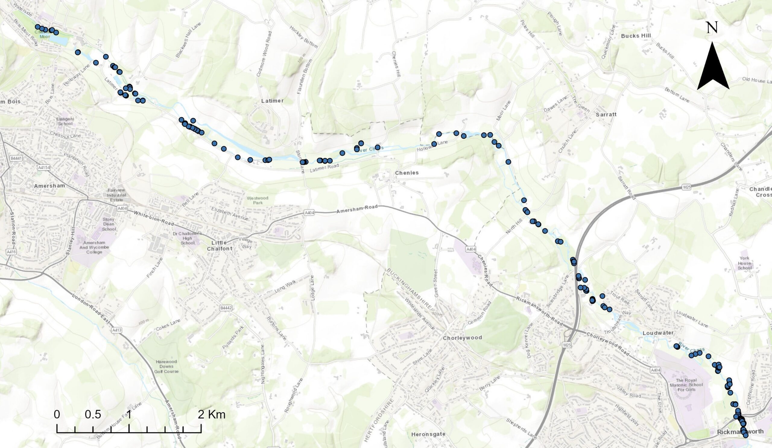 Map of trout redds recorded along the River Chess